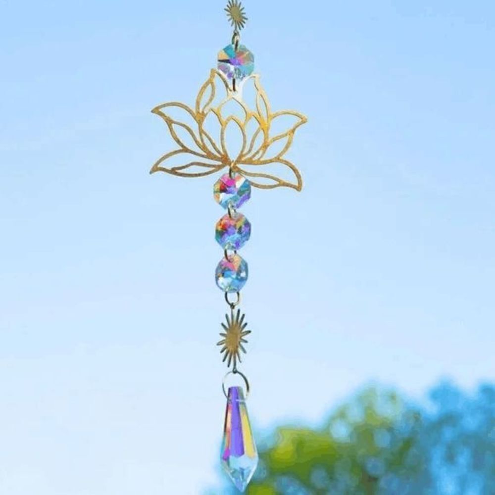 Golden Sun And Lotus Flower Crystal Hanging Suncatcher